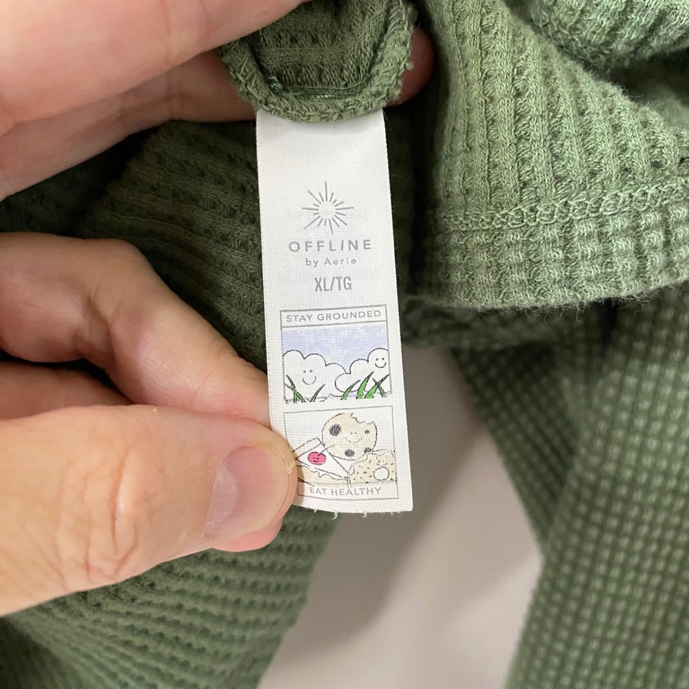 OFFLINE by Aerie XL Olive Green Waffle Knit Cropped Long Sleeve Top Thumbhole - Picture 5 of 8